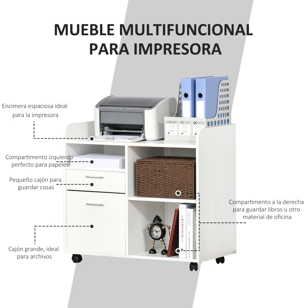 Scrivania per stampante con 3 scomparti, 2 cassetti, scaffale e ruote ¨C zephmum ¨C 80x40x72 cm bianco