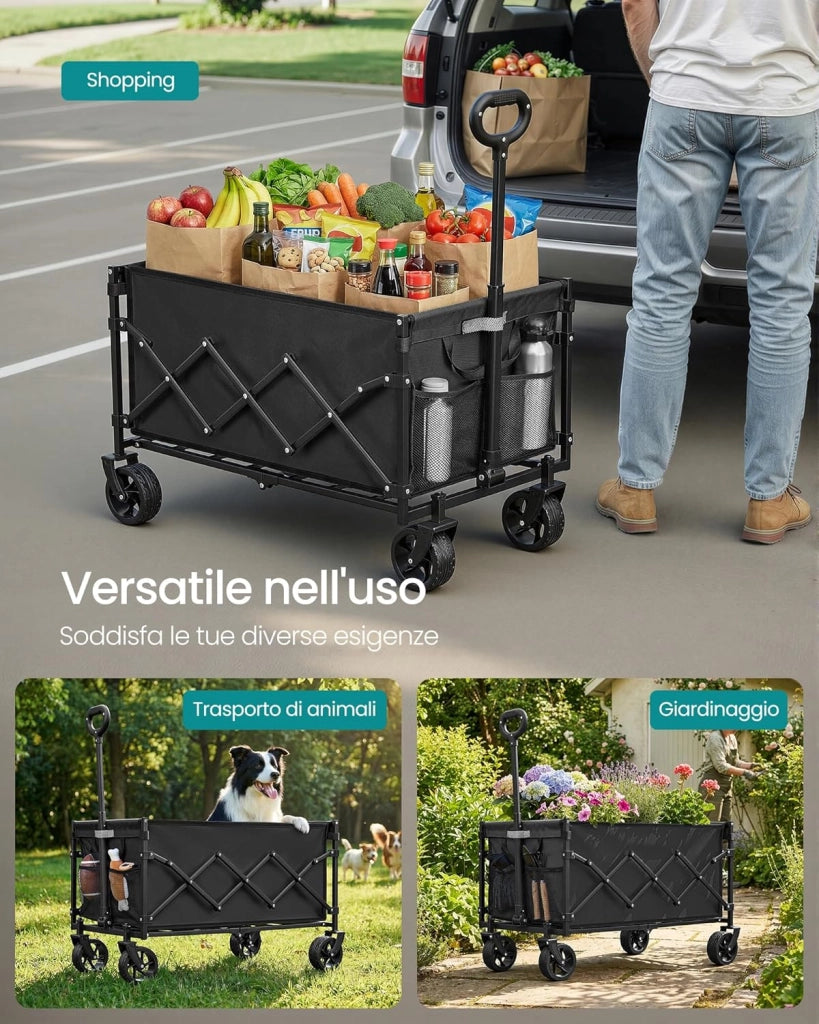 SONGMICS Carrello Pieghevole Piccolo, Carrello da Giardino, Compatto, con Manico, 4 Ruote Rinforzate di cui 2 Universali, per Esterni, Giardino, Portante di 120 kg, 150 L, Nero Inchiostro GFW150BH01