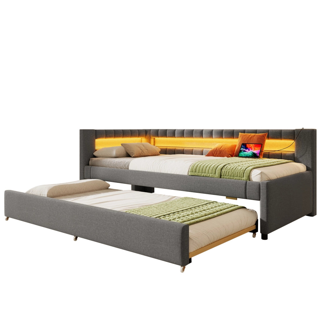 Daybett imbottito con letto estraibile, LED e doppia ricarica