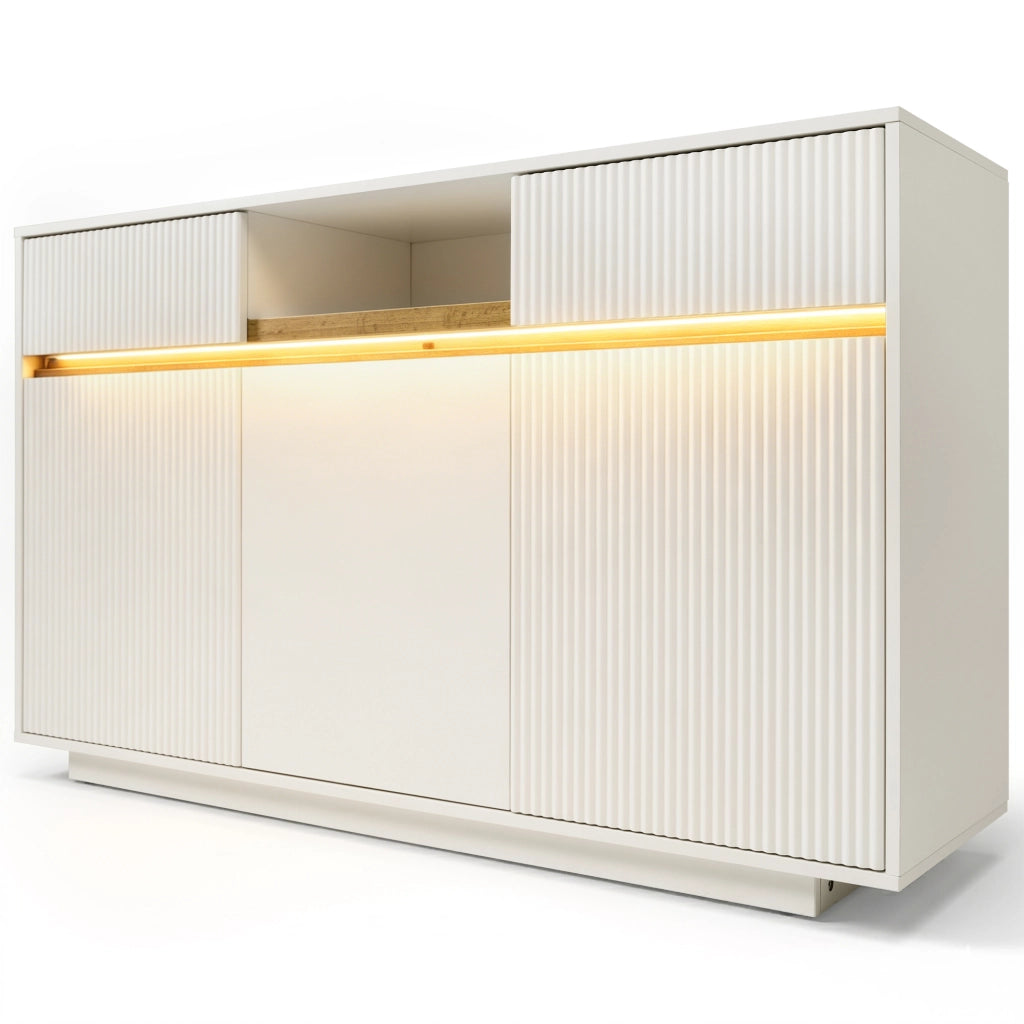 Cassettiera Bianca con LED ¨C MINIMAL ¨C 2 Cassetti, 3 Ante, 140x40x85 cm