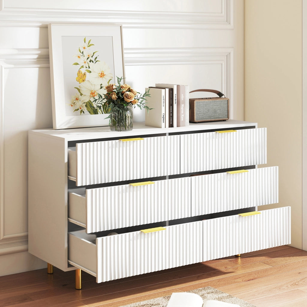 Cassettiera 6 cassetti con maniglie dorate e gambe in metallo MDF bianca