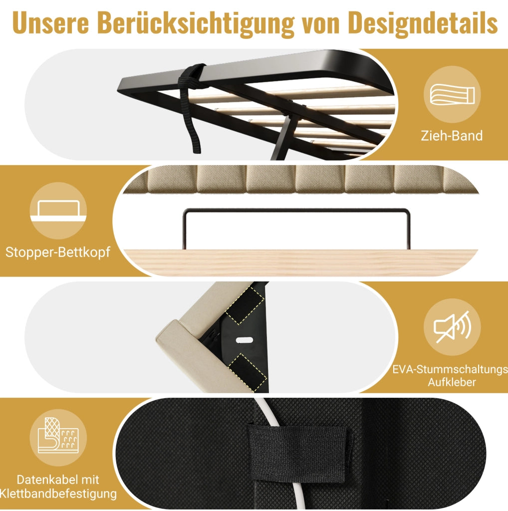Letto singolo 90x200 cm con LED, ricarica USB-C e vano contenitore