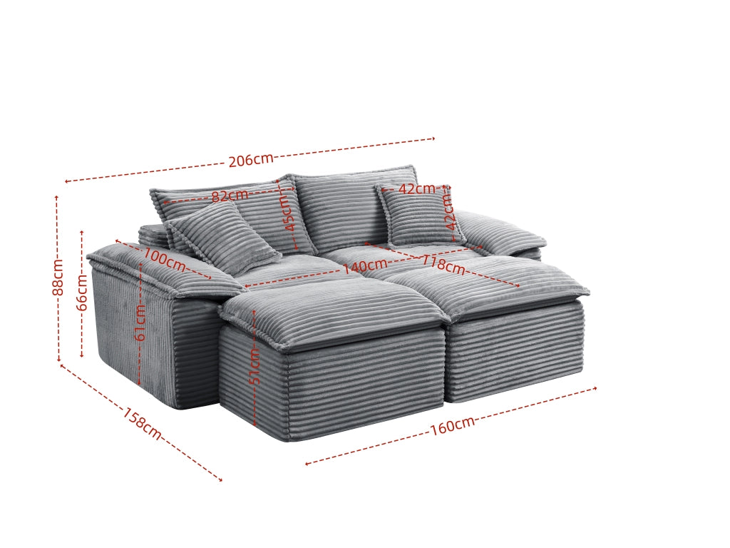 Divano a 2 posti con pouf in velluto a coste, seduta profonda e schiuma ad alta resilienza, salvaspazio grigio