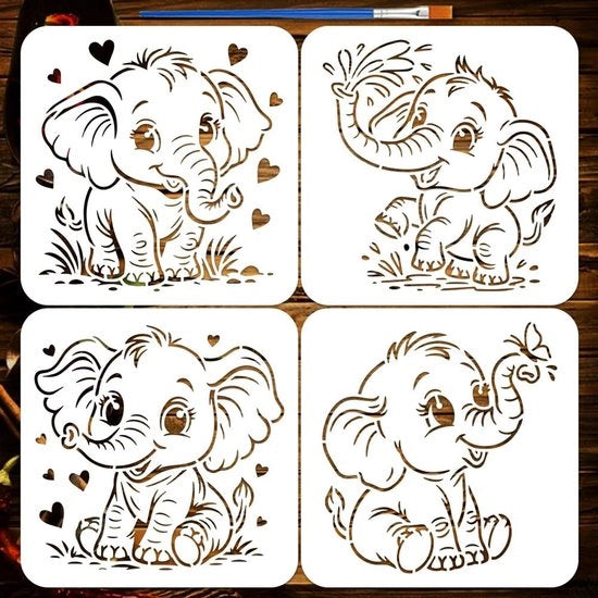 4 Stencil Olifanti con Grandi Occhi per Decorazione di Parete