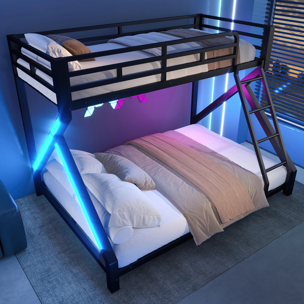 Letto a Castello 90x200 cm e 140x200 cm; LED e Scala - in Metallo - Nero