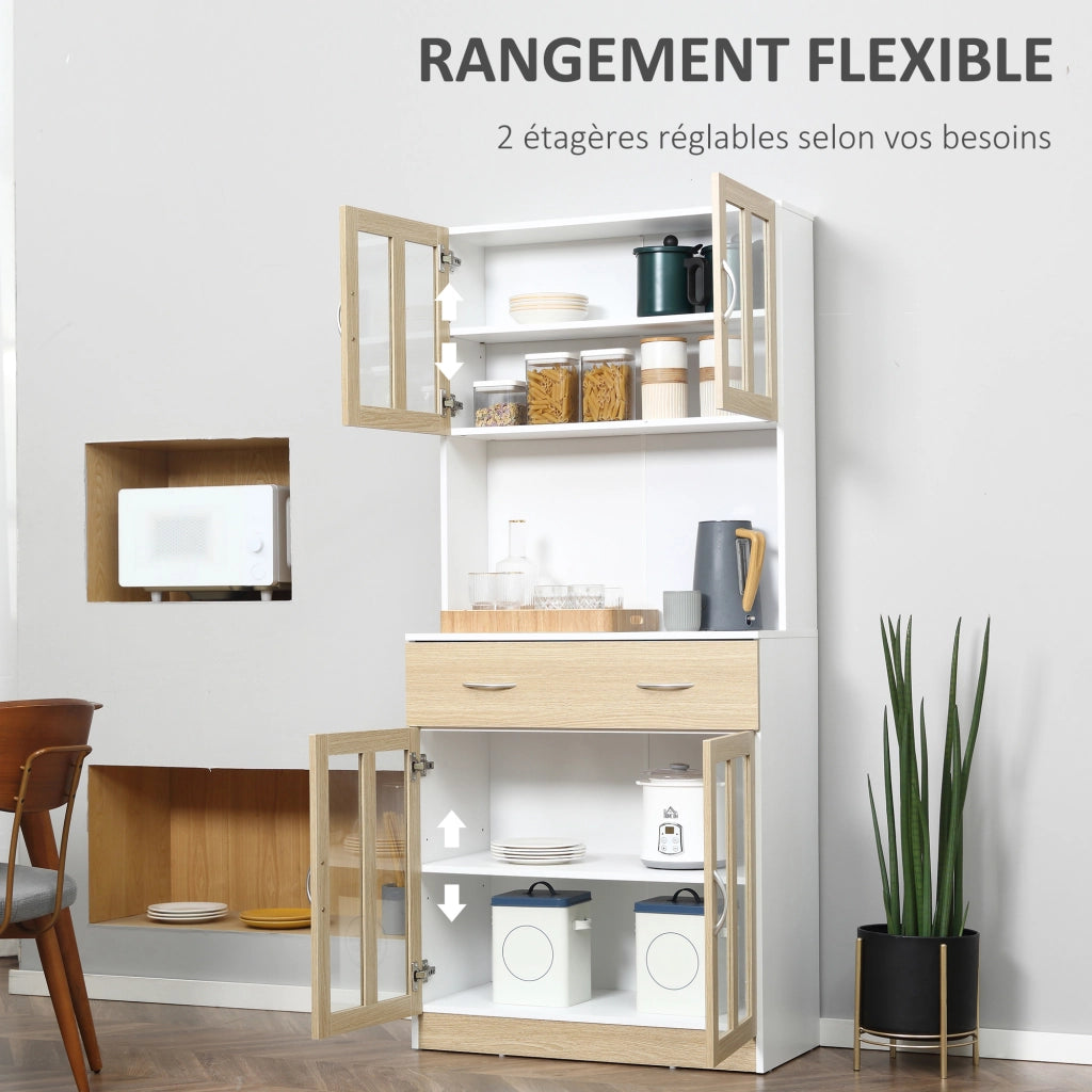Credenza cucina con vetrina ¨C Xylo ¨C 4 ante in legno bianco e rovere chiaro con ripiani e cassetto