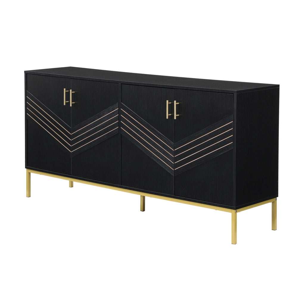 Sideboard moderno nero e oro in MDF con 4 porte e ripiani regolabili, 160x40x80,5 cm