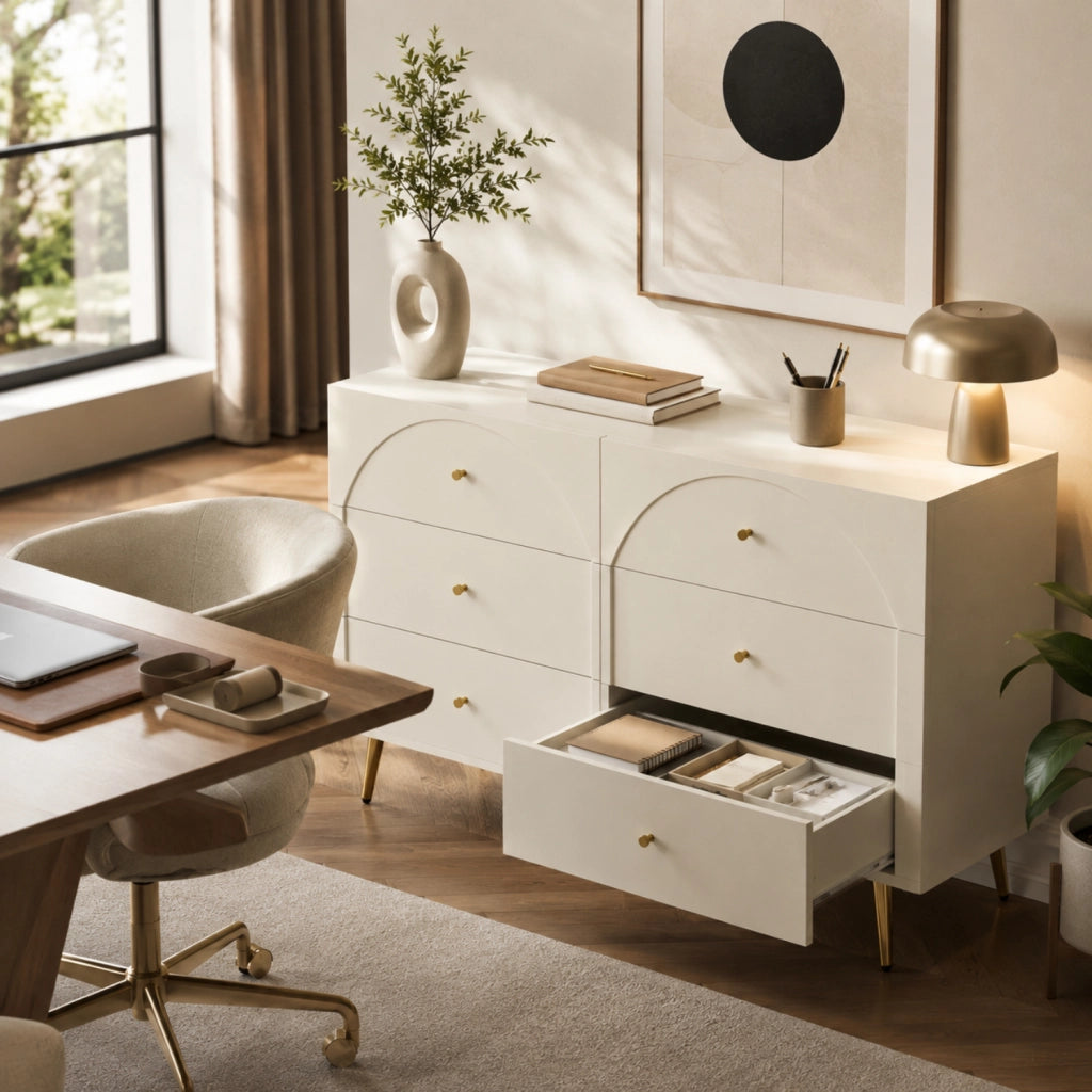 Cassettiera 6 Cassetti Mobile Contenitore Capiente Per Camera Da Letto Cameretta Ingresso Stanza Ospiti Design Moderno Minimal Con Piedini Dettagli Oro 120 X 40 X 85 Cm Bianco
