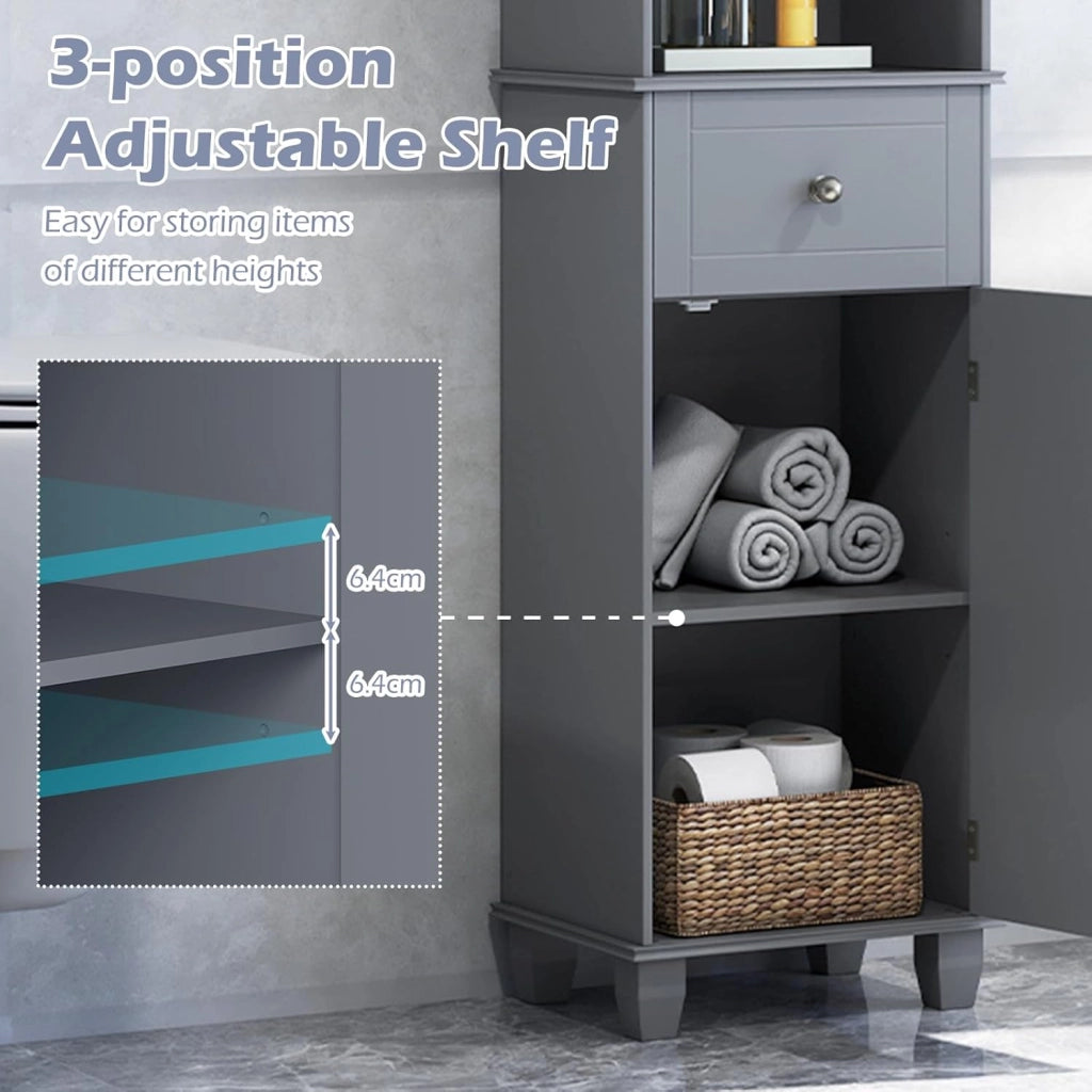 Armadio alto da bagno 172 cm, mobile a colonna da pavimento con 3 ripiani aperti, 1 cassetto e 1 porta, ripiano inferiore regolabile, 40 x 30 x 172 cm, organizer per cucina, soggiorno (grigio)
