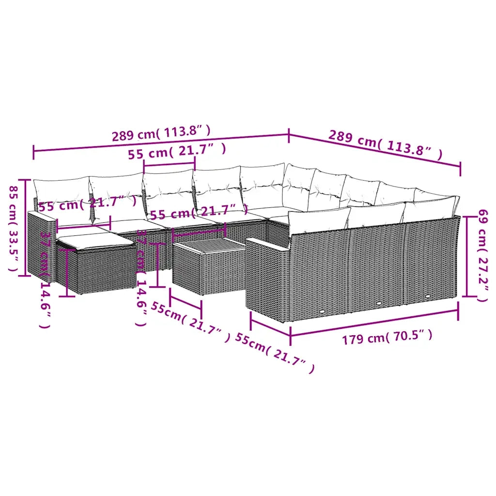 Set Divani da Giardino 13 pz con Cuscini Nero in Polyrattan 3226589