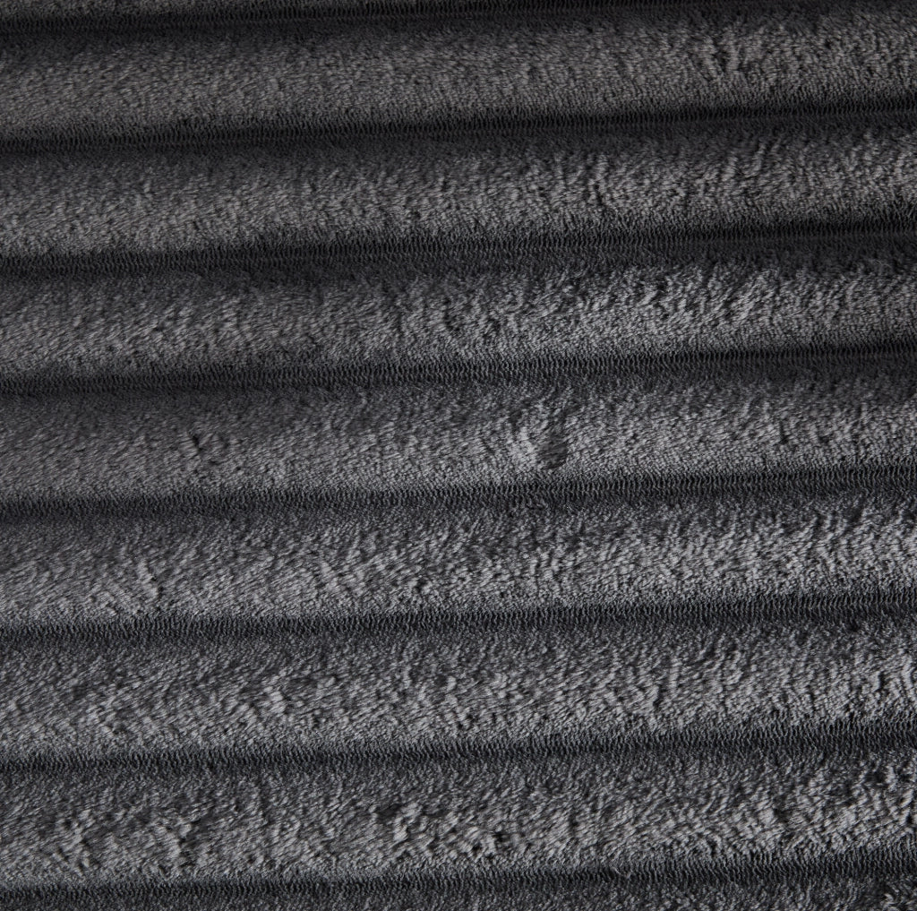 Divano in corduroy grigio scuro con schienale alto; cuscini extra; tasche laterali e portabicchieri; 273 cm