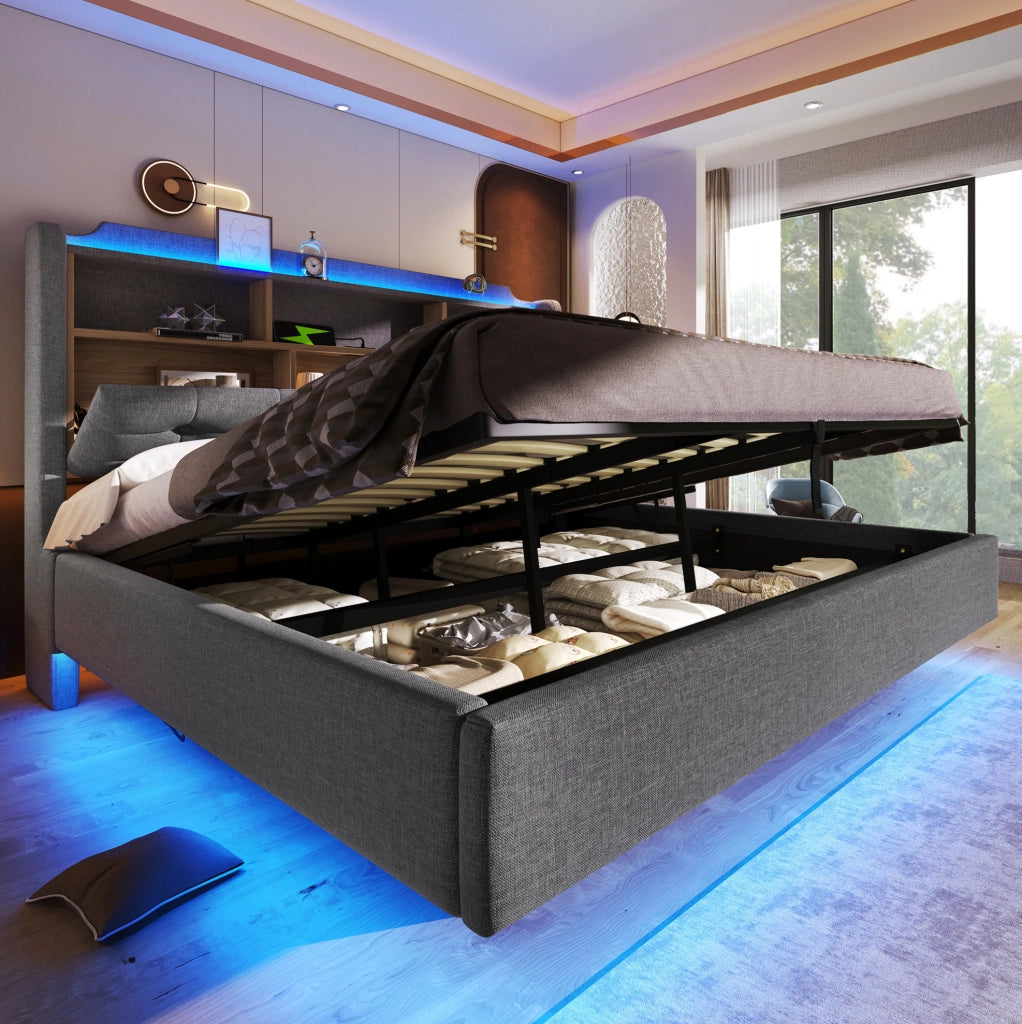 Letto matrimoniale imbottito 180x200 cm in lino grigio con LED; contenitore idraulico e USB
