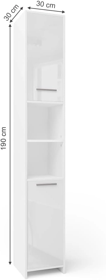 Mobile bagno alto, Bianco lucido/bianco, 30 x 190 cm, per la conservazione di accessori da bagno e compatibile con Kiko
