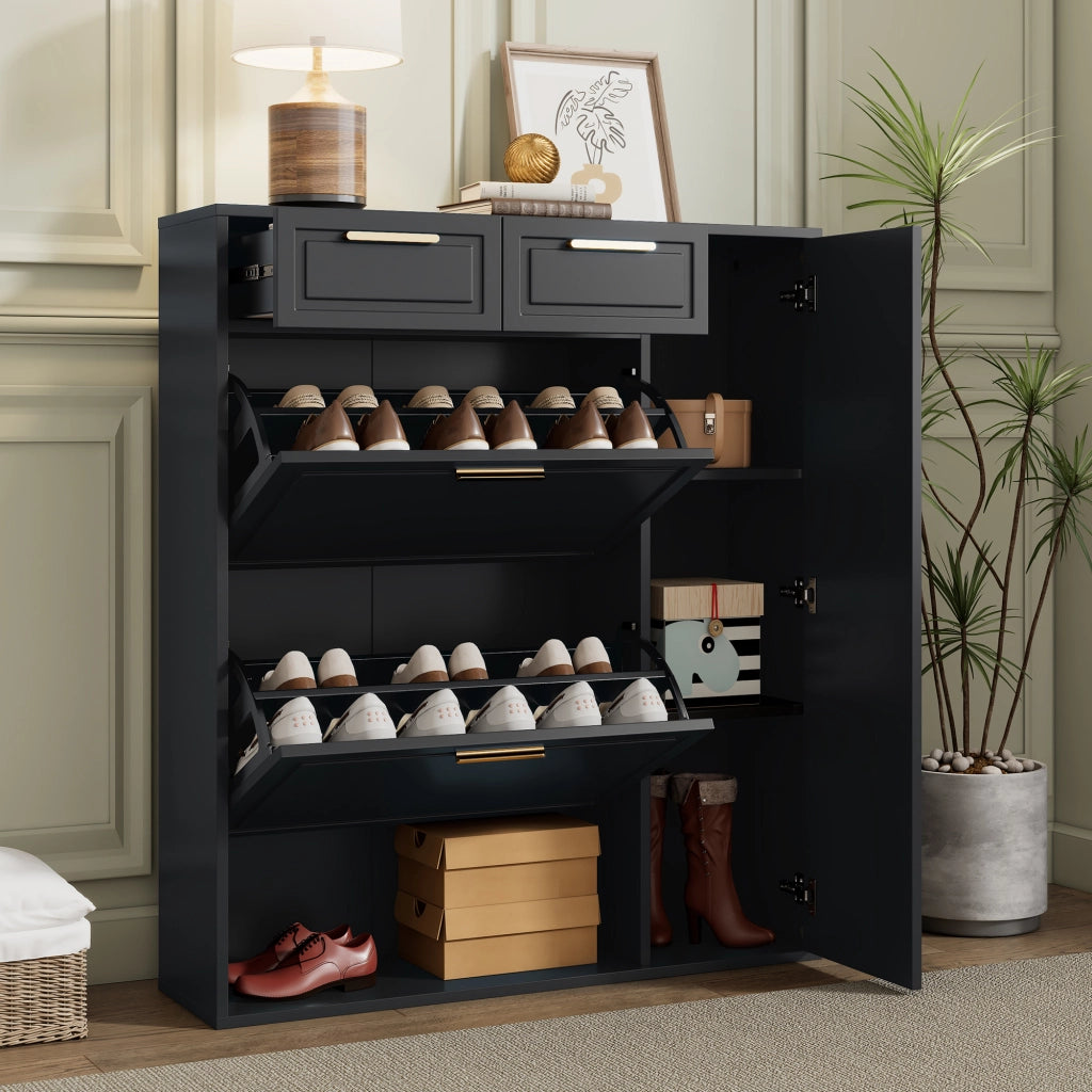 Scarpiera con ripiani regolabili, 2 cassetti e vani aperti, per ingresso, in truciolare e MDF, nero, 95 × 24 × 107 cm