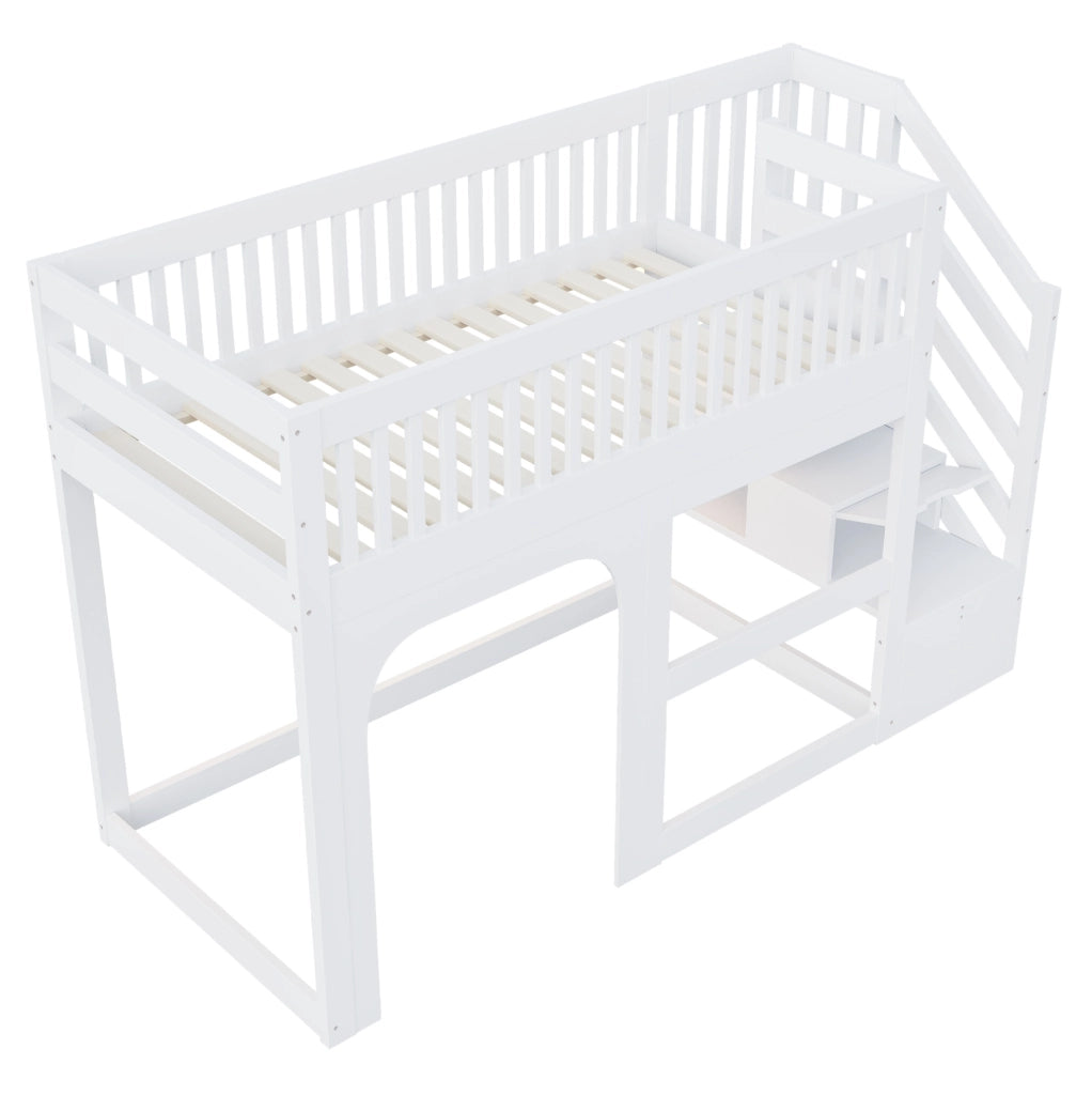 Letto a soppalco multifunzione per bambini 90 x 200 cm con scala contenitore e LED; bianco