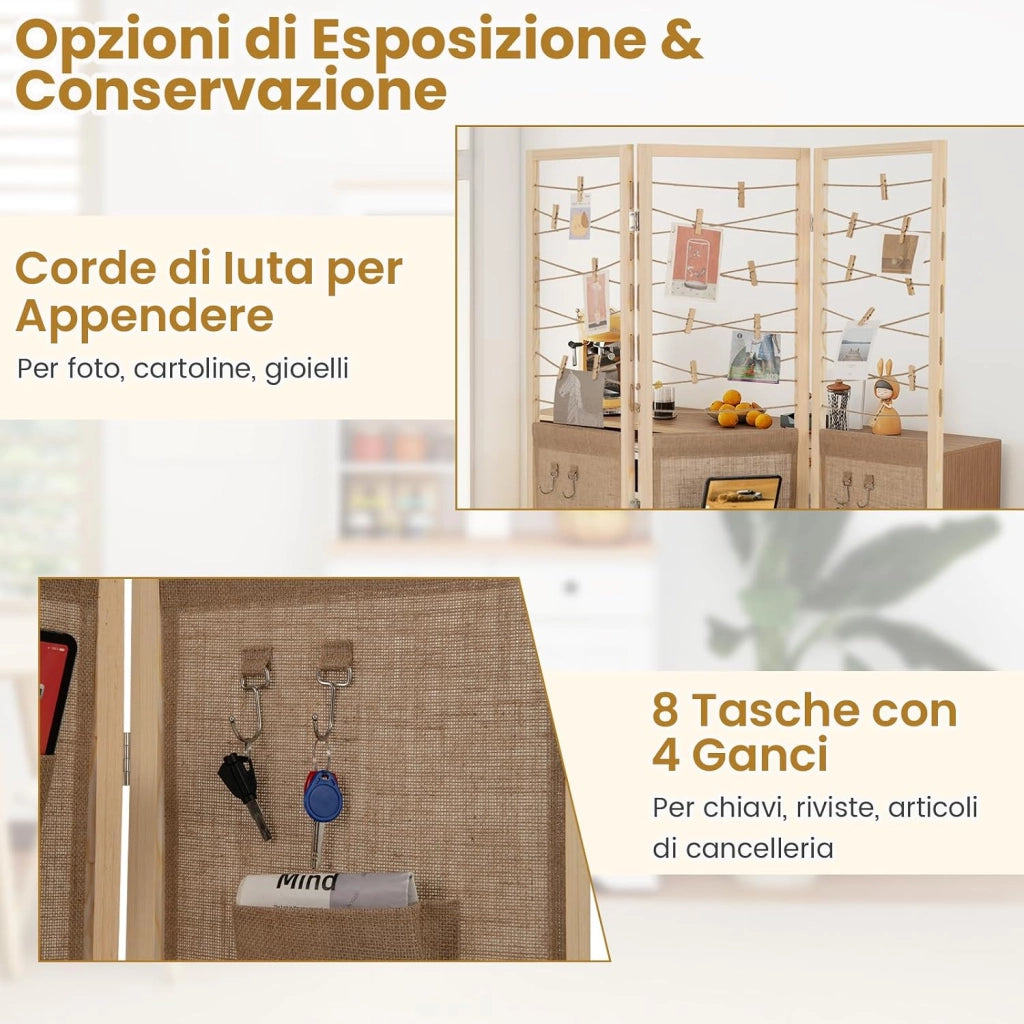 Paravento a 3 Pannelli, Separé Divisorio Pieghevole con 8 Tasche, 4 Ganci, Corde di Iuta per Appendere e 20 Clip in Bambù, Separatore di Spazio in Legno Boho per Casa e Negozi