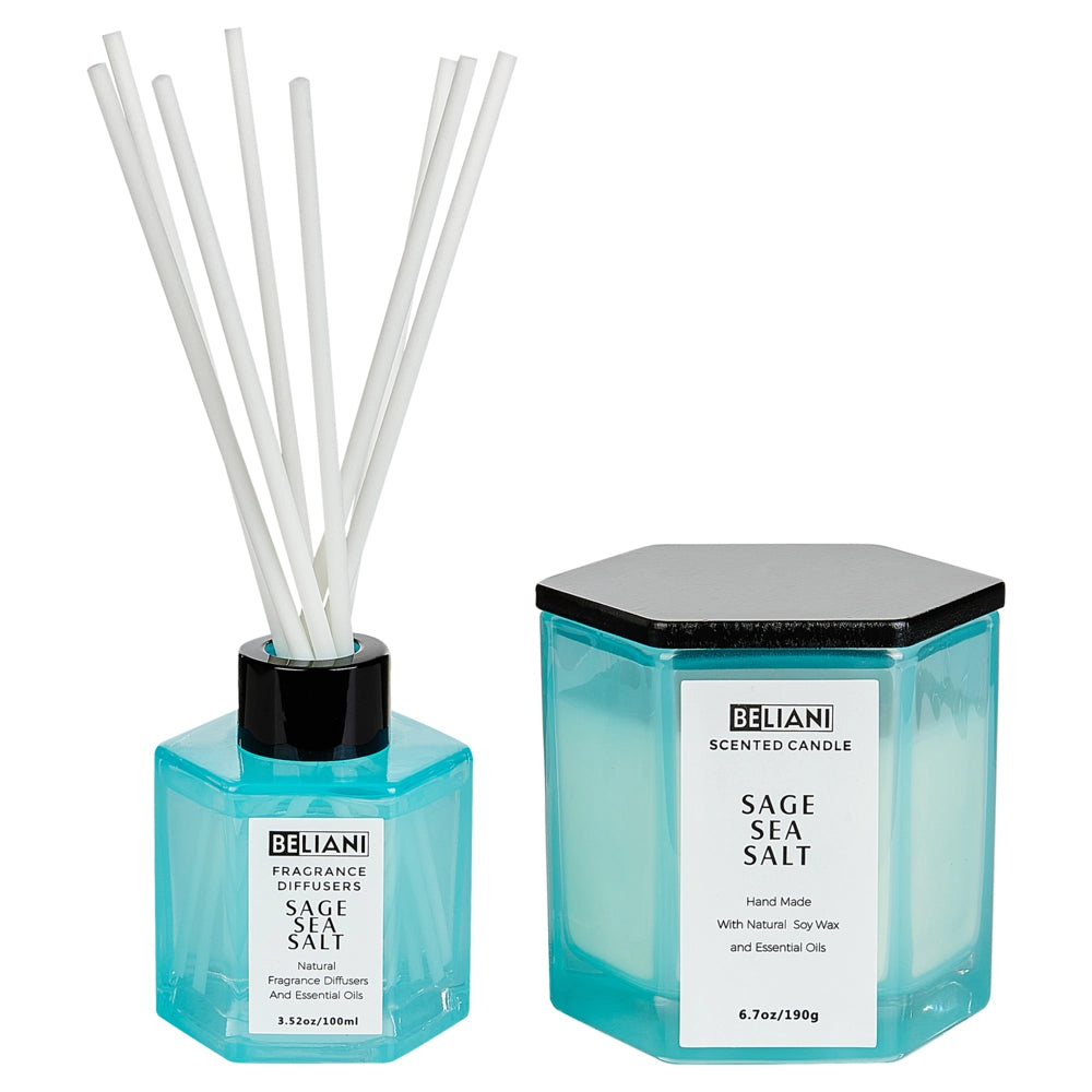 Set candela profumata in cera di soia 100% e diffusore con bastoncini, stoppino di cotone, vetro profumo fresco sale marino di salvia