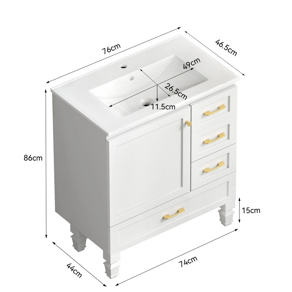 Armadietto Bagno 75 cm ¨C Xylo ¨C Bianco, 1 Anta, 3 Cassetti