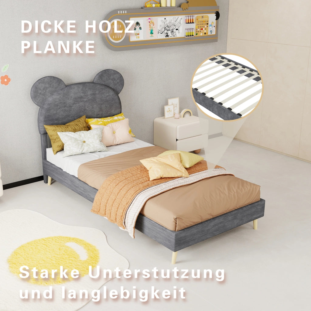 DESMIU Letto per bambini 90 × 200 cm con testiera cartoon, vano pneumatico, senza materasso, grigio