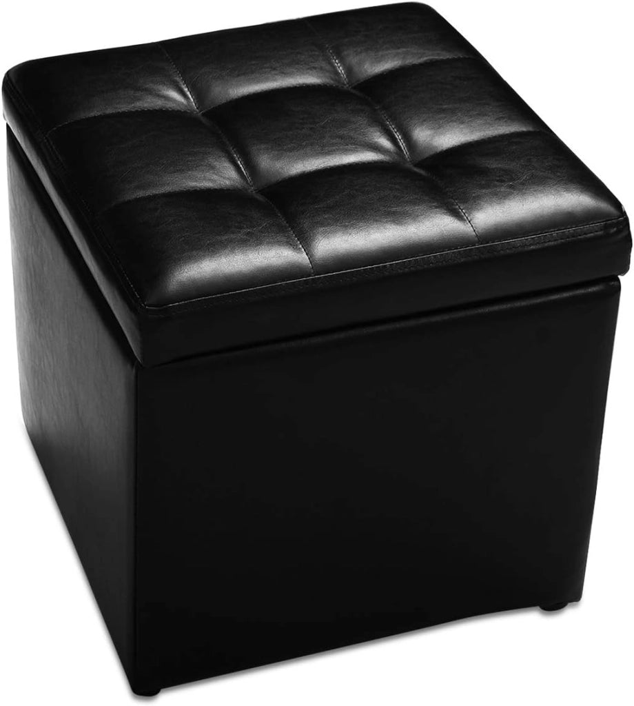 Pouf Cubo Poggiapiedi, Sgabello Quadrato Contenitore, Ottomana con Coperchio, con Vano Portaoggetti, Piedini Antiscivolo, Portata di 300 kg, 40 x 40 x 40 cm, Nero/Marrone/Bianco