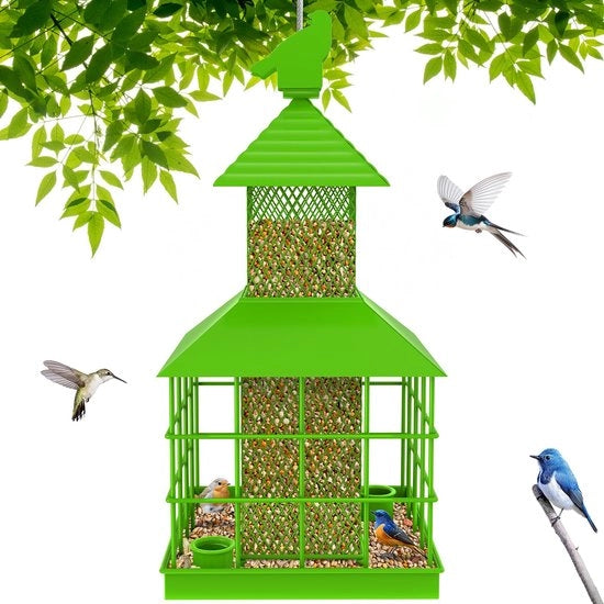 Nido per uccelli in gabbia, resistente a scoiattoli, nido per uccelli in gabbia con contenitore metallico e cassettiera, nido per uccelli in gabbia per esterno, attira uccelli (verde erba)