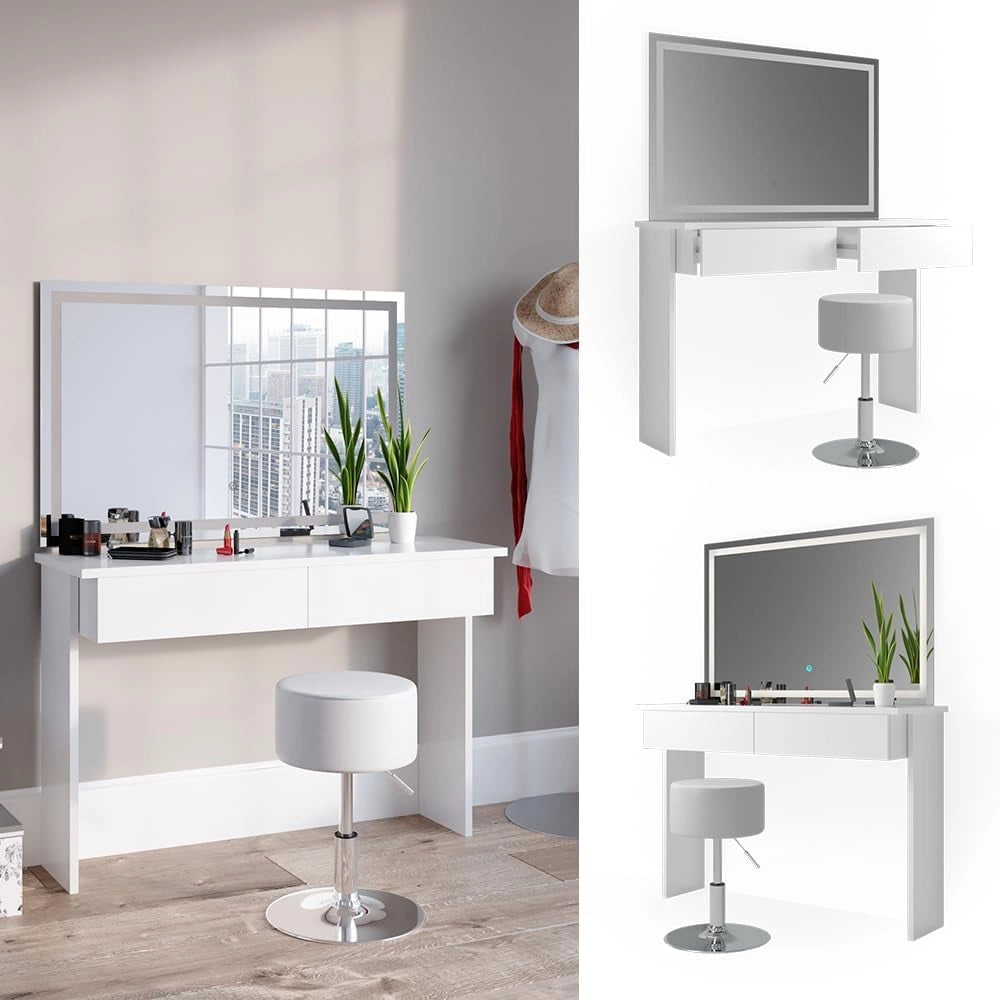 Tavolo da toeletta Azur, Bianco, 120 cm con specchio e sgabello a LED, Due cassetti scorrevoli per organizzare subito palette, pennelli e gioielli