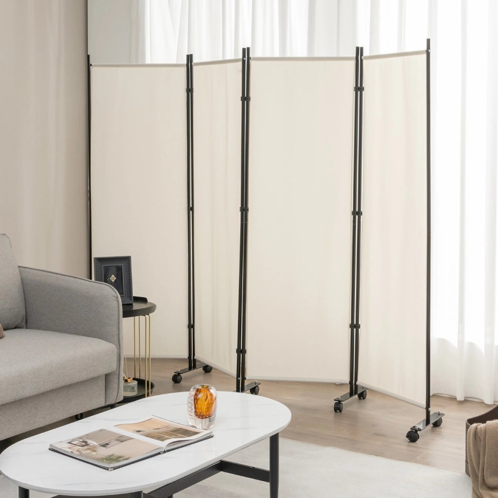 Divisorio con 4 pannelli su ruote-Paravento portatile in tessuto per casa ufficio soggiorno Beige