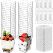 Set di Dessertiere con Coperchio e Cucchiai - 40 pezzi - Dessertiere in plastica riciclabile - 150 ml - Adatti per mousse, gelato e pudding - Dessertiere quadrati - Ideali per dessert, matrimoni e compleanni