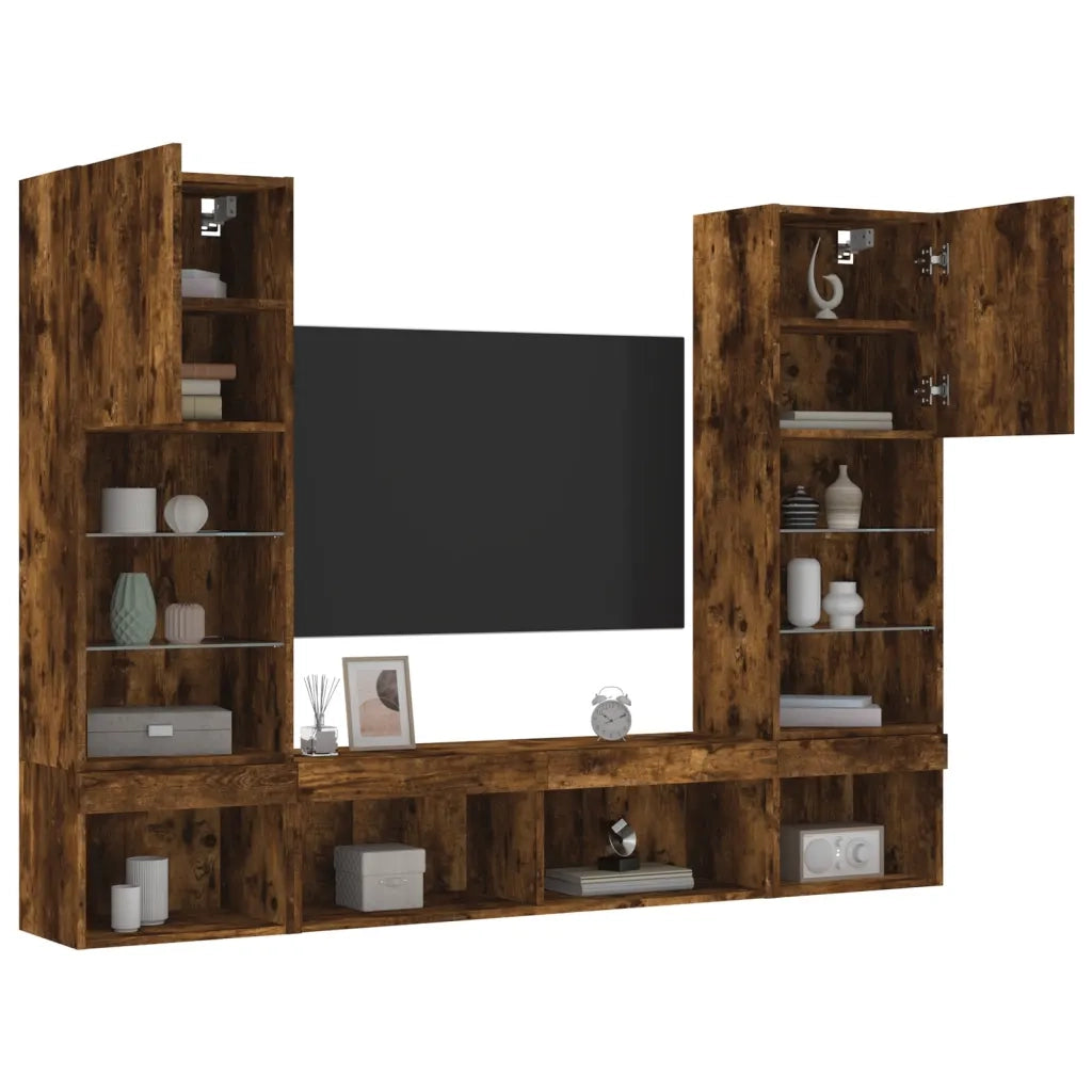 Mobili TV a Muro con LED 5 pz-Credenza per TV sospesa Rovere Fumo in Legno Multistrato 478458