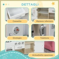 Cucina Giocattolo in Legno per Bambini con Lavandino e Fornelli, Pentole e Utensili in Acciaio, 74x30x81cm, Bianco