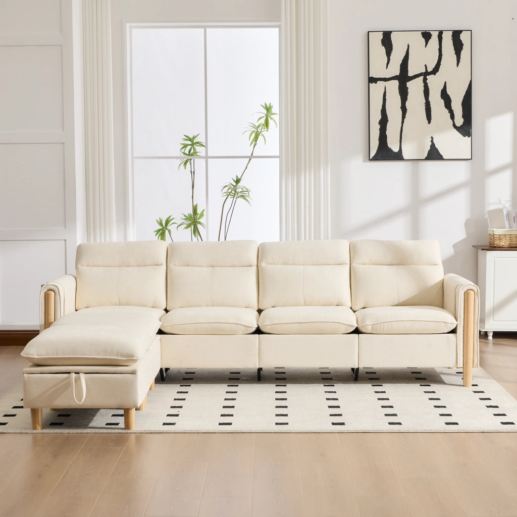 Divano a U modulare per 4 persone con 2 pouf contenitore, tasche laterali e piedi in legno massello in ciniglia beige