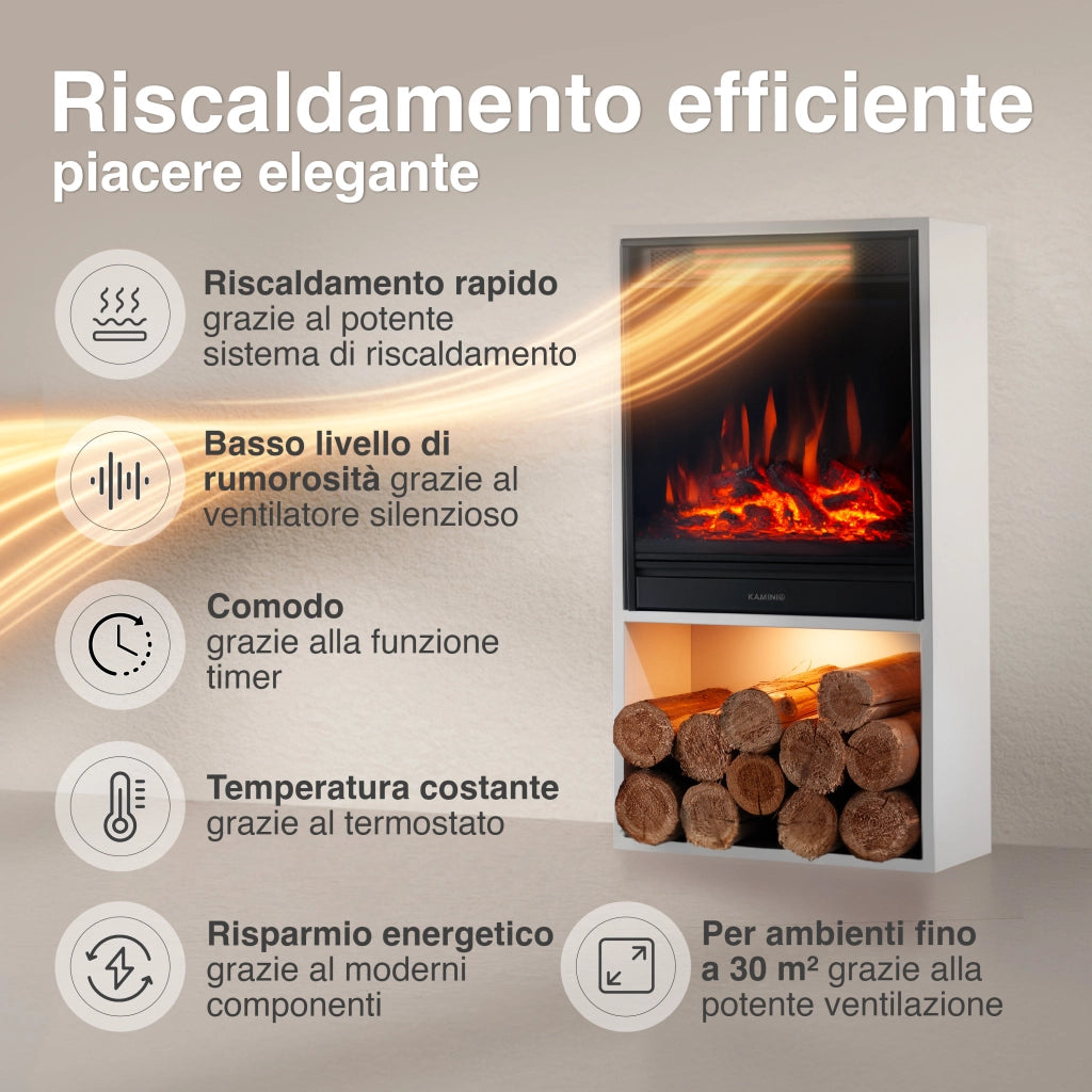 KAMINIO Camino elettrico HUGO - Stufa elettrica con riscaldamento, effetto fiamma 3D, luce ambiente a LED, scomparto de legno, telecomando - Bianco