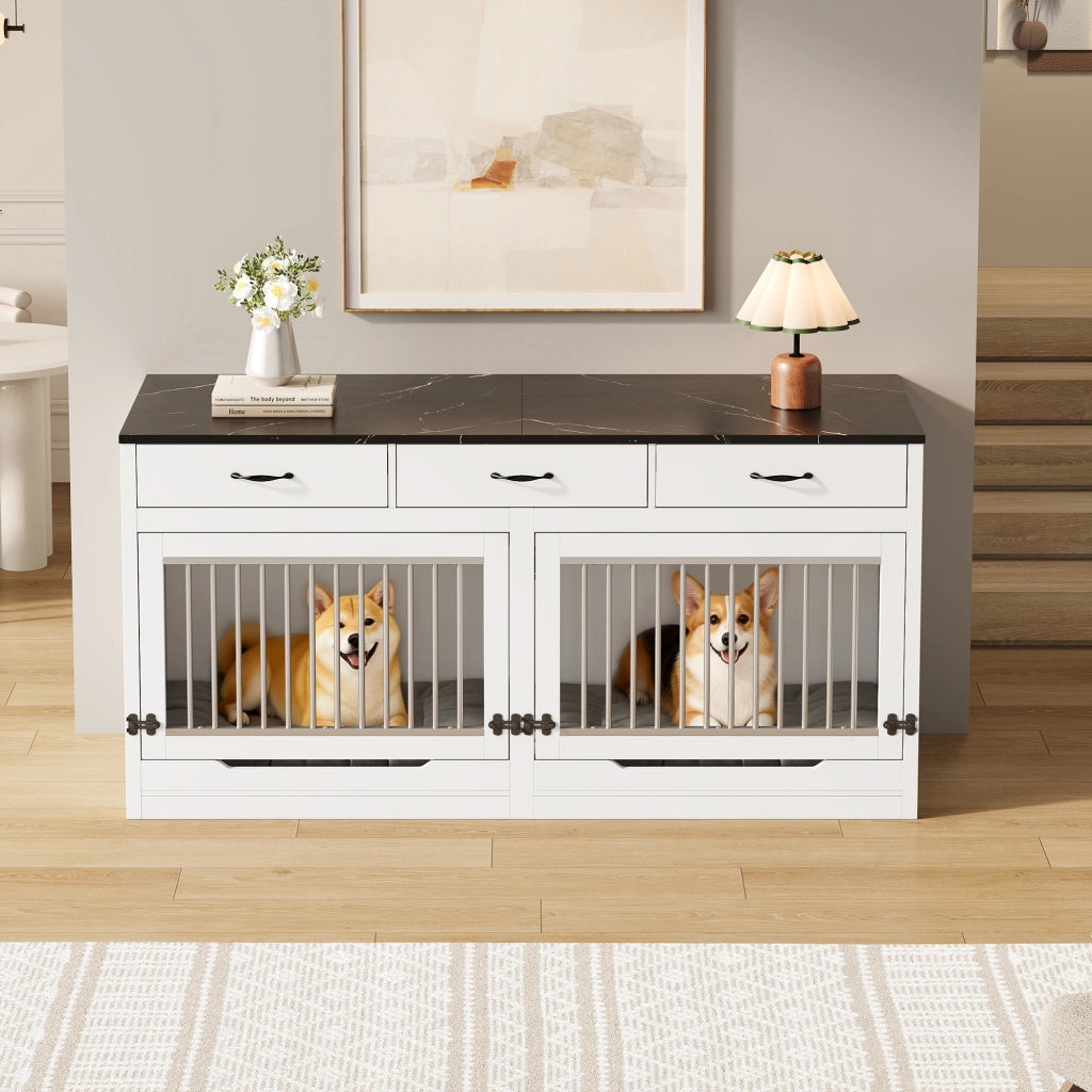 Gabbia per cani con 3 cassetti e divisorio rimovibile per interno; MDF e metallo; bianco e nero 164×60×81 cm