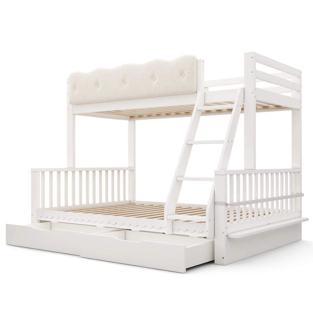 Letto a castello familiare 90x200/140x200 cm in legno, bianco, con cassetti e portagiornali