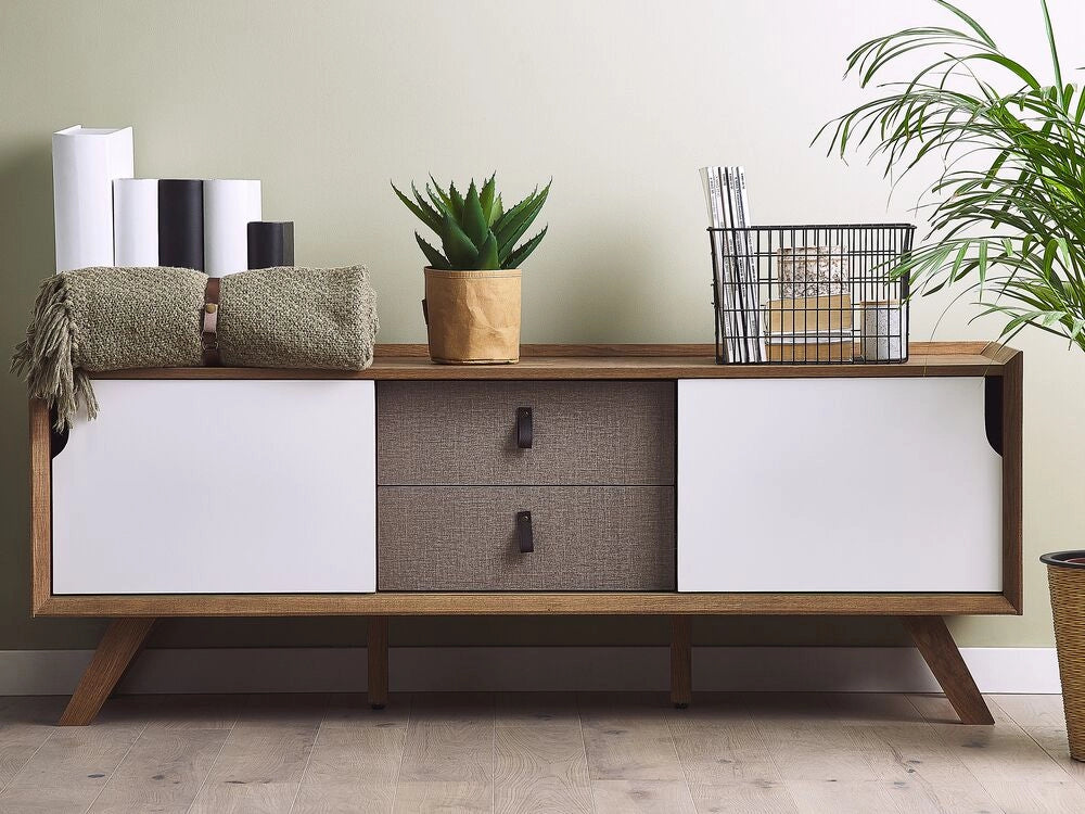 Madia credenza impiallacciata in legno chiaro 56 x 147 x 42 cm con 2 ante scorrevoli bianche e 2 cassetti grigi