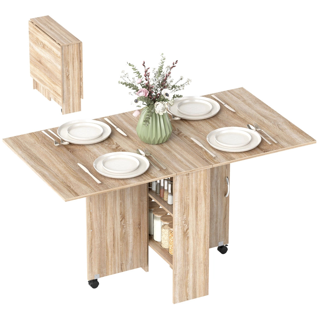 Tavolo da pranzo pieghevole con ruote e ripiani ¨C zephmum ¨C naturale 140x80x74
