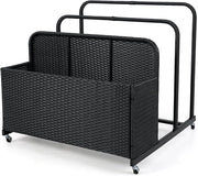 Baule da Esterno in Rattan PE, Cestino Portaoggetti su Ruote con Scomparti, Contenitore Salvaspazio con Scaffale per Cuscini, Salvagenti, Giocattoli, Portata 30 kg (Nero)
