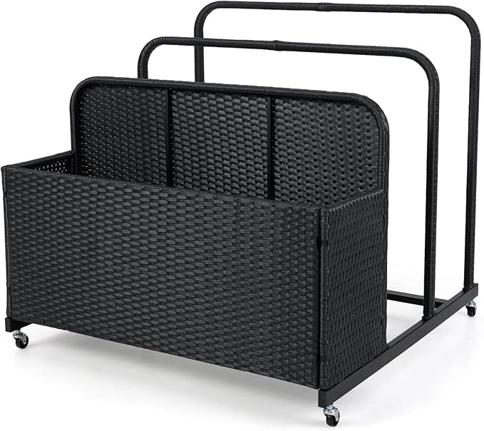 Baule da Esterno in Rattan PE, Cestino Portaoggetti su Ruote con Scomparti, Contenitore Salvaspazio con Scaffale per Cuscini, Salvagenti, Giocattoli, Portata 30 kg (Nero)