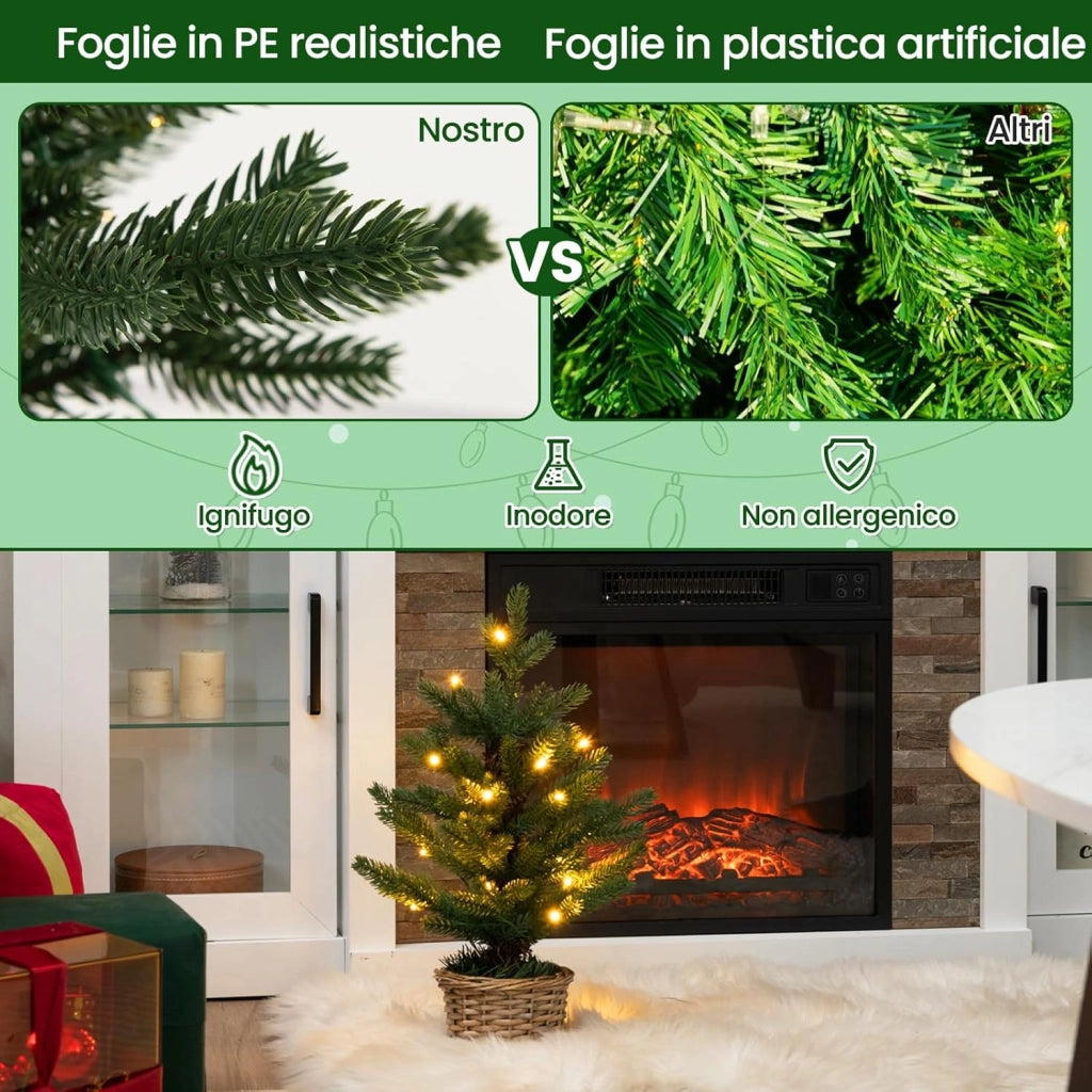 Mini Albero di Natale Artificiale Pre-illuminato, Albero di Natale Piccolo da Tavolo con 96 Rametti, 20 Luci LED Bianche Calde, Timer, Vaso in Legno di Salice