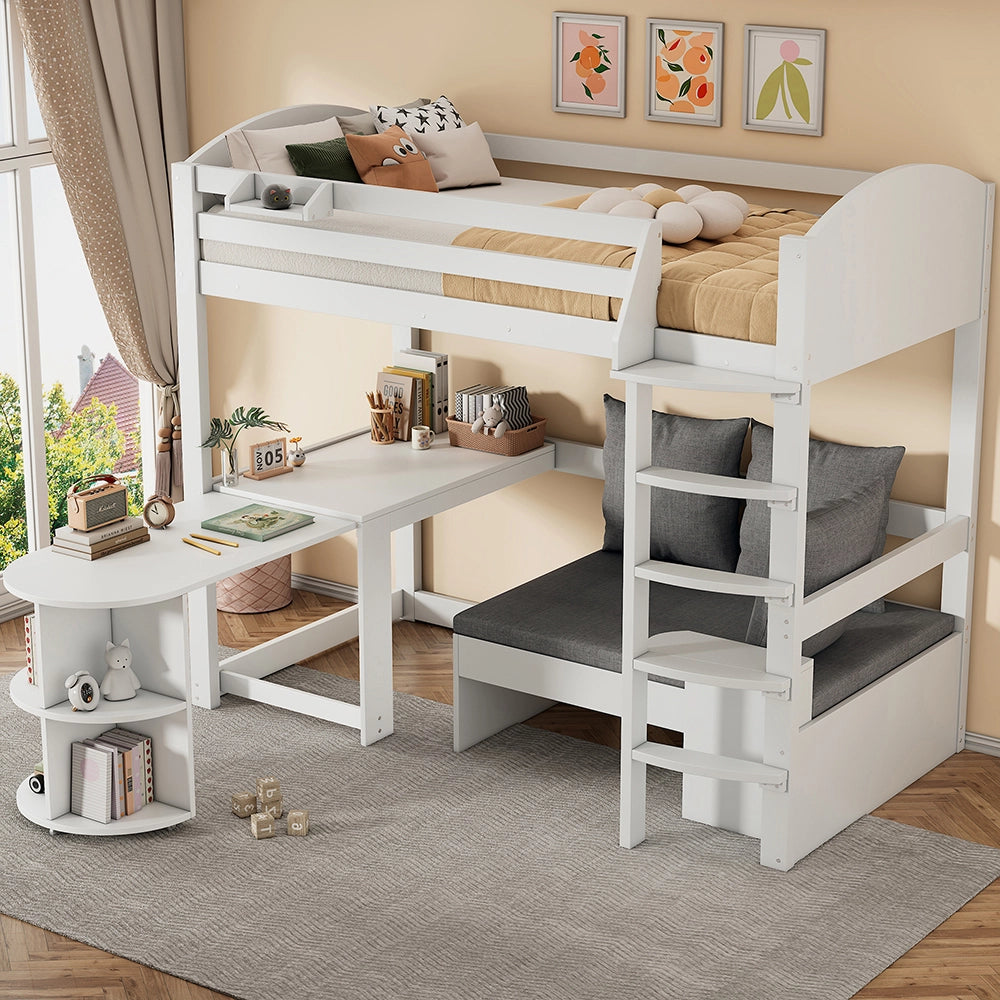 Letto a soppalco 90x200 cm - Xylo - Scala, tavolo estensibile, divano, tre cuscini, scaffali di stoccaggio, bianco