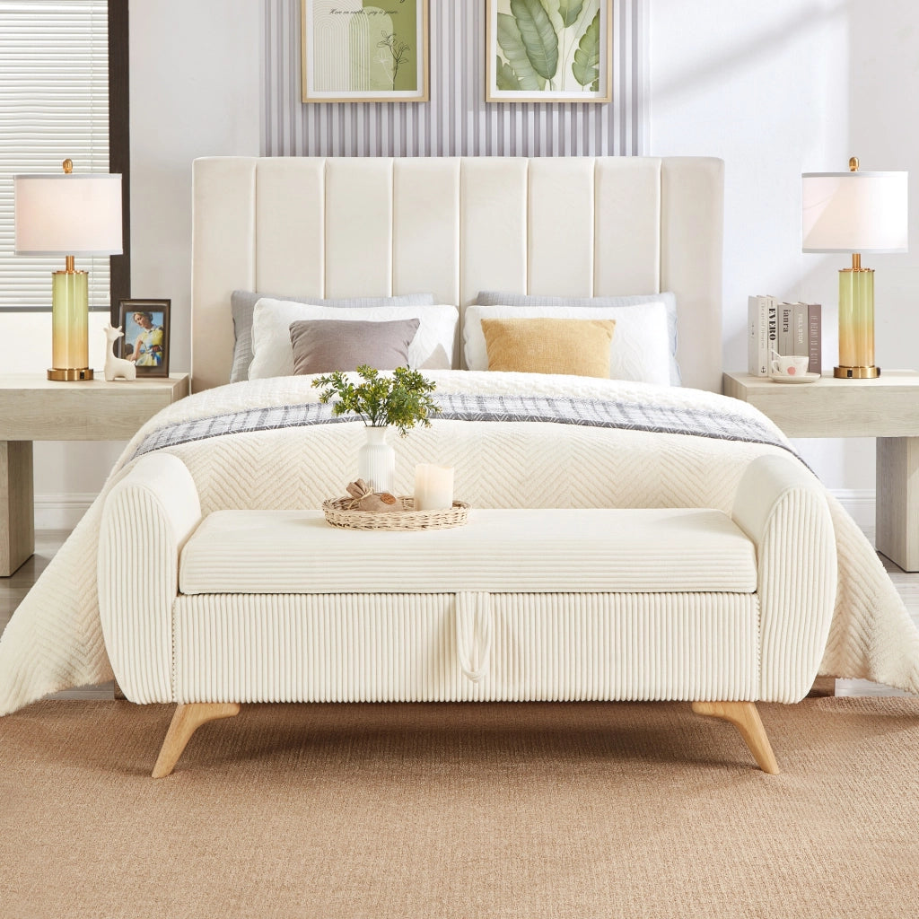 Panca contenitore pieghevole in velluto a coste con gambe in legno e vano interno, beige 145 × 51 × 57 cm
