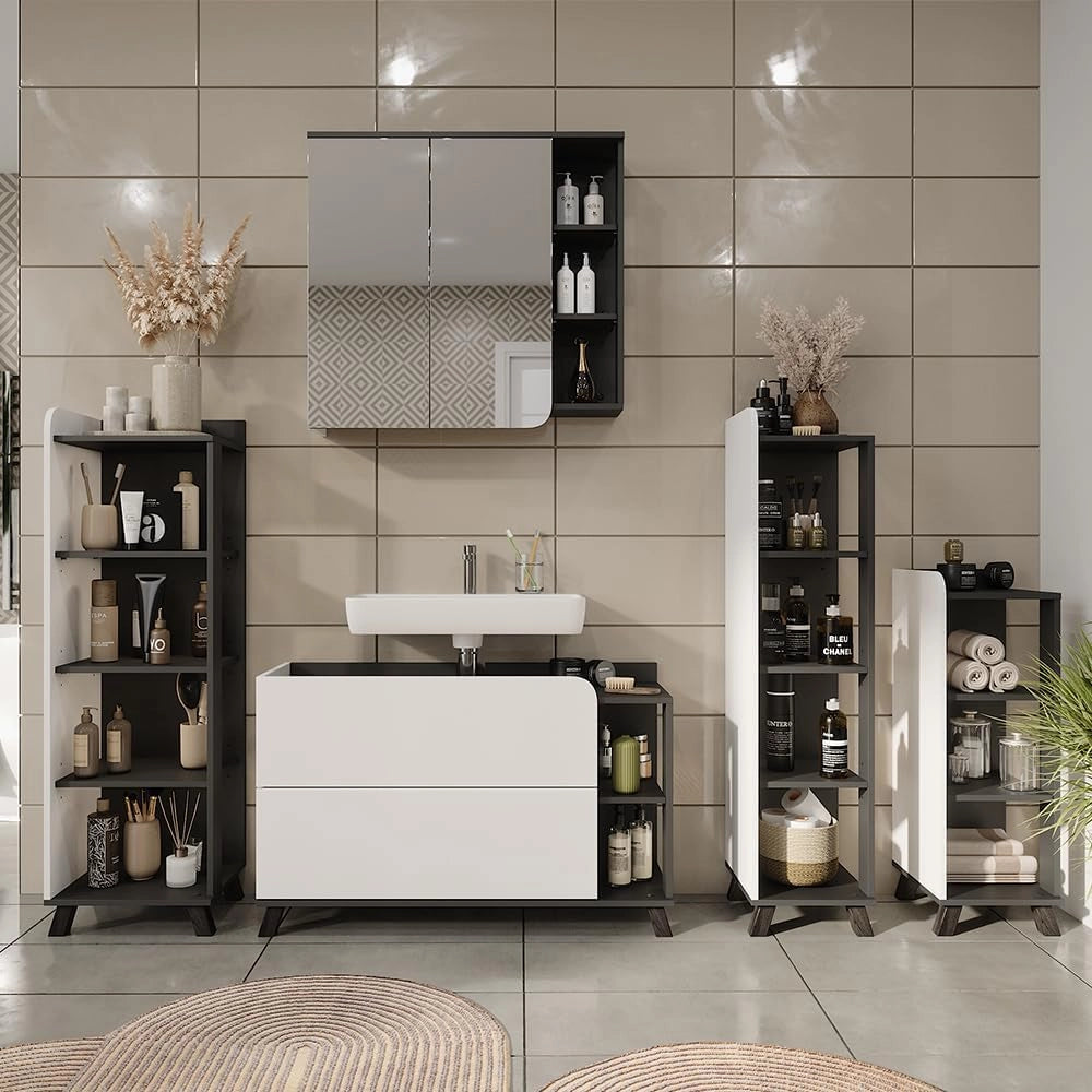 Mobiletto midi Karen, Antracite/bianco, 30 x 90 cm con 4 ripiani, adatto per la conservazione di articoli da bagno e asciugamani