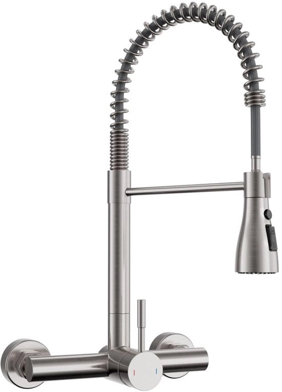Wandkraan (15 cm gatafstand) | Doccia retrattile, rubinetto in acciaio inox lucidato a mano con 3 modalità di getto e 360° girevole - Rubinetto a forma di arco per cucina, alta pressione, 45 cm di altezza