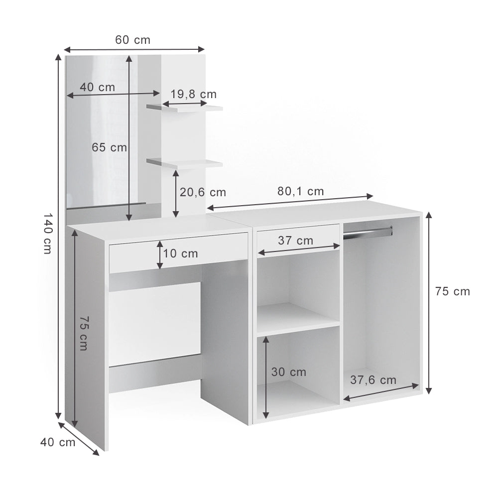 Vicco Tavolo da toeletta Bianco 140 cm con armadio