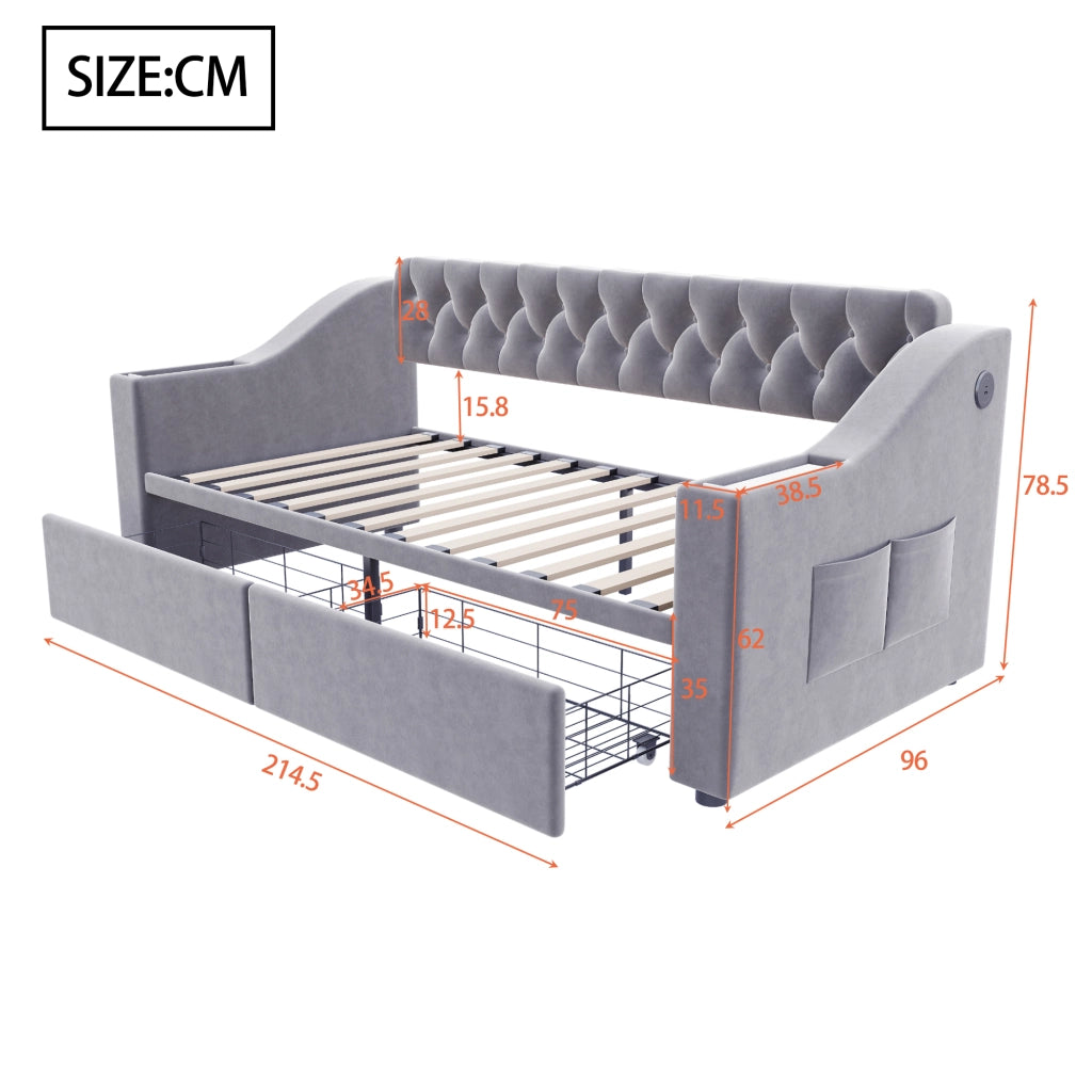 DIVANO LETTO 90x190 cm Grigio chiaro in velluto con cassetti contenitore