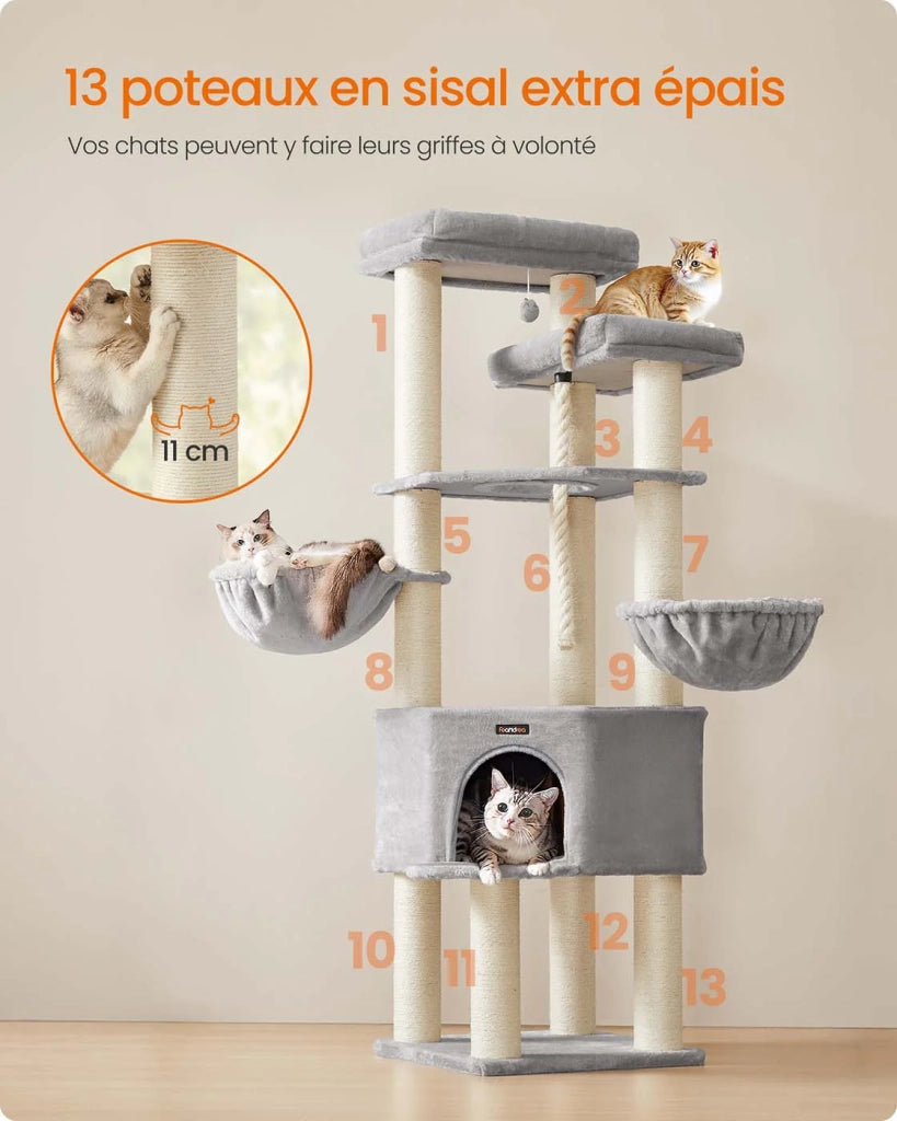 Tiragraffi grande torre gioco per gatti a più livelli 55 x 55 x 186,7 cm pali in sisal da 11 cm di diametro grigio Maine Coon 12_0008008
