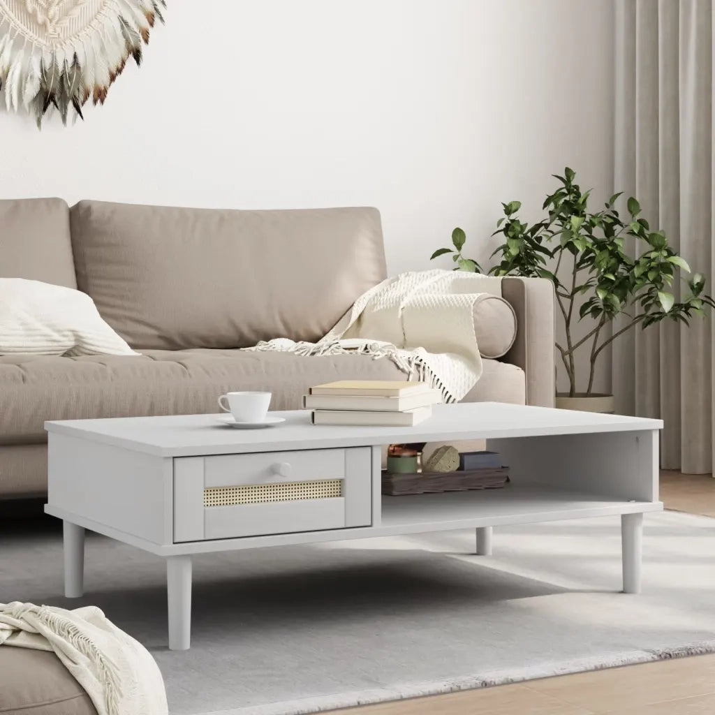 Tavolino-Tavolino da soggiorno-Tavolo SENJA Aspetto Rattan Bianco 100x55x33cm Legno Massello