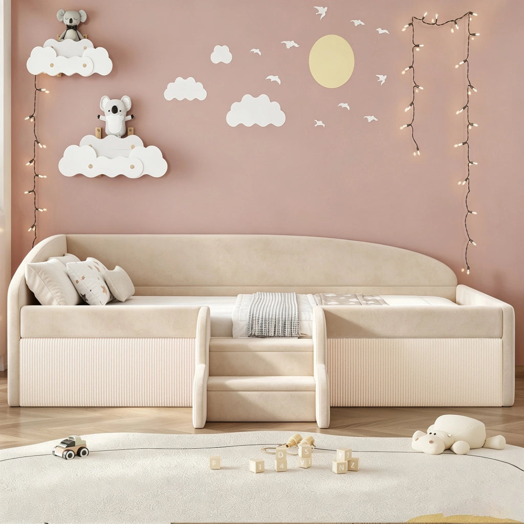 Letto per bambini 90 × 190 cm con scalini antiscivolo, sponde di sicurezza, senza materasso, beige