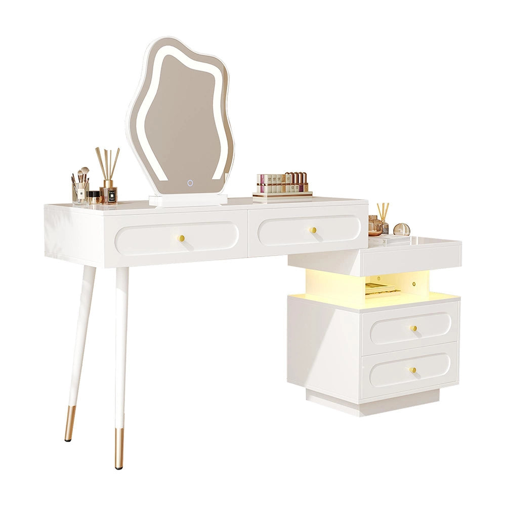 Tavolo trucco LED-Xylo-140x40x130cm, 4 cassetti, vano aperto, bianco