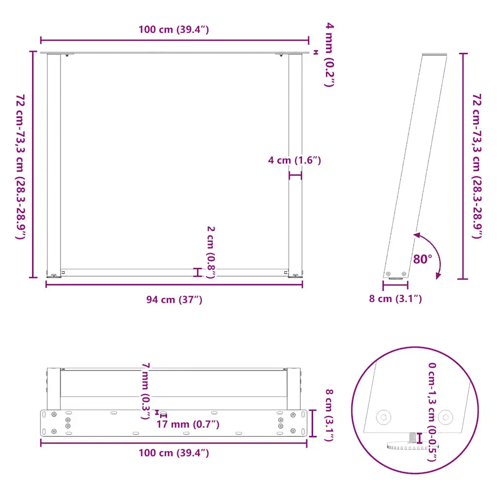 Gambe per tavolo da pranzo a forma di U 2 pz nere 100x(72-73) cm in acciaio